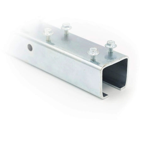Galvanized metal C-channel bracket with four bolt clamps for heavy-duty cable festoon tracks