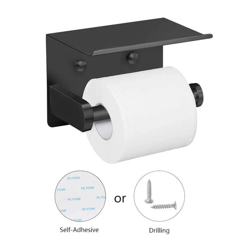Self Adhesive Or Drilling Toilet Paper Holder With Built In Phone Shelf, Stainless Steel Wall Mounted, Rustproof Black Bathroom Tissue Roll Holder