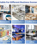 Visual showcasing various business scenarios: restaurants, hotel kitchens, coffee shops, convenience stores, bars, and offices.