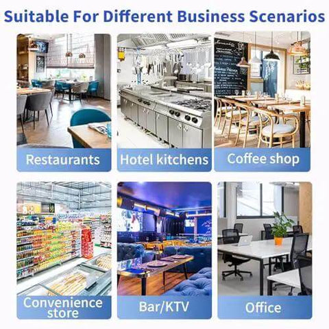 Visual showcasing various business scenarios: restaurants, hotel kitchens, coffee shops, convenience stores, bars, and offices.