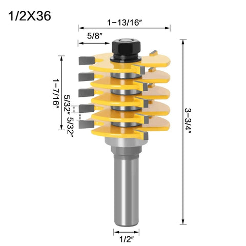 Premium Adjustable Box Joint Router Bit With Five Tough Carbide Blades And Fast Shank Setup For Slick Tenon Cuts And Top Shelf Woodworking Shop Results, dimensions view.