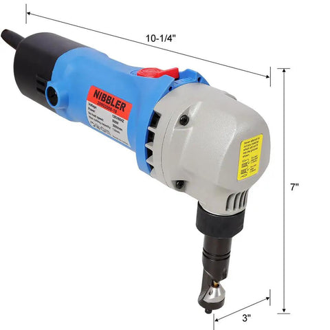 Lmaoss 500W Electric Sheet Metal Nibbler Cutter With 2000Rpm High Speed For Steel Aluminum And 16 Gauge Thick Metal, side view with dimensions.