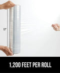 Hands holding Beefy Heavy Duty Stretch Wrap Film With 500 Percent Stretch 60 Gauge Clear 1200 Ft Shrink Wrap Roll 17 Inch