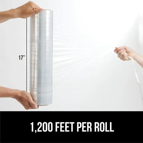 Hands holding Beefy Heavy Duty Stretch Wrap Film With 500 Percent Stretch 60 Gauge Clear 1200 Ft Shrink Wrap Roll 17 Inch