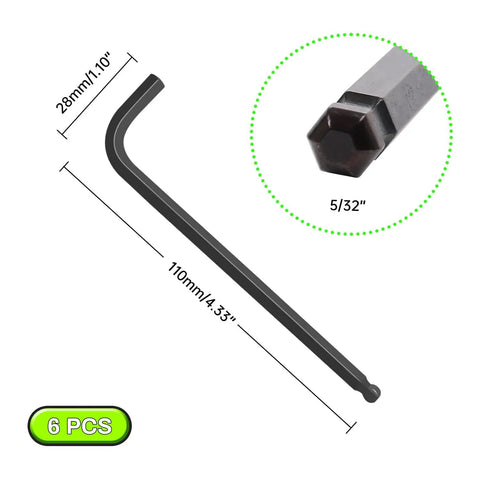 Beefy 5/32 Inch Ball End Hex Key Set, 6 Pc Long Arm Allen Wrenches, CR-V Steel with Black Oxide Finish, high torque tool dimensions