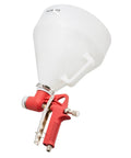 Professional Air Texture Spray Gun With 1.45 Gallon Hopper And Swappable Nozzles For Straight Up Smooth Popcorn Knockdown And Orange Peel Drywall Texturing That Works Like A Charm, featuring red handle and white hopper.