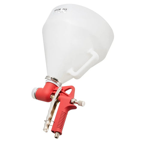 Professional Air Texture Spray Gun With 1.45 Gallon Hopper And Swappable Nozzles For Straight Up Smooth Popcorn Knockdown And Orange Peel Drywall Texturing That Works Like A Charm, featuring red handle and white hopper.
