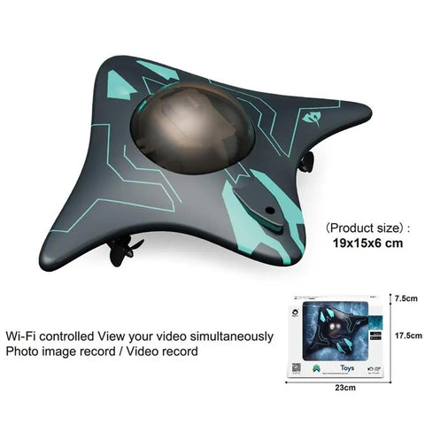 Smart App Controlled Underwater Drone With HD Camera And Dual LED Lights, shown with dimensions 19x15x6 cm.