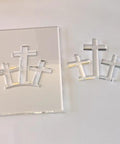 Top Shelf Acrylic Router Template Set Featuring Hella Precise Woodworking Stencils For Holy Week Do It Yourself Crafts Knockout Bunny Cross Egg Church Patterns Reusable Solid Guide Collection showing clear acrylic cross stencils with a solid backing.