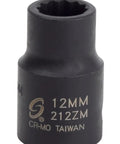 Rugged 1/2 Inch Drive 12Mm 12 Point Impact Socket Built Like A Tank Hella Durable Chrome Molybdenum Steel Construction visible at angle.