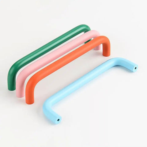Colorful curved handles resembling 4 Pack 3.8 Inch Double Hole Cabinet Pulls Curved Metal Drawer Handles Aluminum Wardrobe Doors White Modern Dresser Hardware