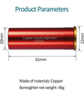 12 Gauge Red Dot Laser Bore Sight In Chamber Cartridge, copper finish, dimensions 61mm x 22mm, Class IIIA beam.