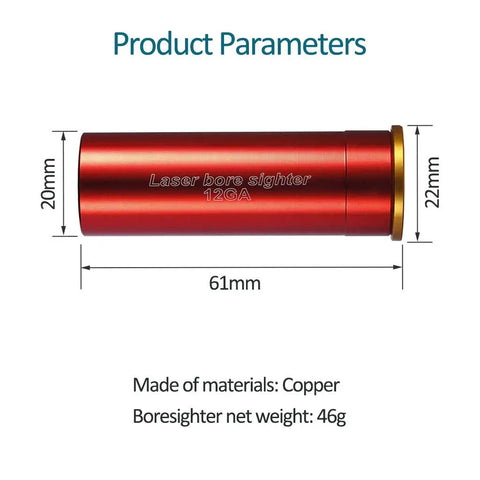 12 Gauge Red Dot Laser Bore Sight In Chamber Cartridge, copper finish, dimensions 61mm x 22mm, Class IIIA beam.