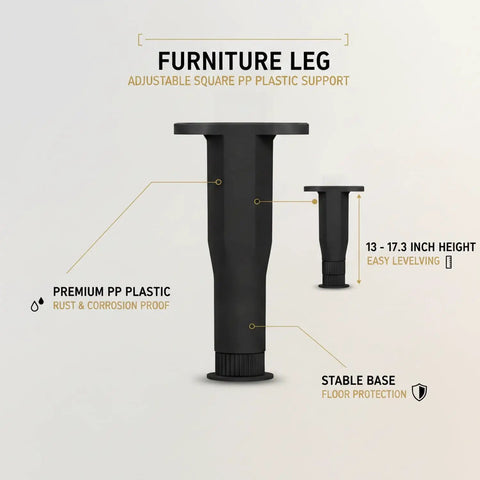 Durable PP Plastic Adjustable Furniture Leg With Square Black Base For Leveling Beds And Cabinets 13 To 17.3 Inch Height
