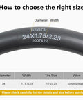 Diagram showing Two Pack 24 Inch Heavy Duty Bike Tubes 45/57-507 With AV32mm Schrader Valve size guide