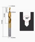 Side view of LINZUAN two-stage drill bit; gold-colored stainless steel, 6.5 mm shank, 65 mm length