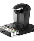 K Cup Organization Drawer And Holder For Keurig Coffee Machines, Holds 36 Pods, shown under a coffee maker on a countertop