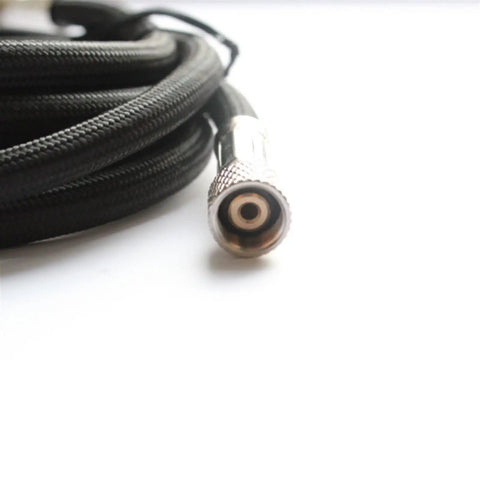 Pro Grade Nylon Braided Airbrush Hose Extending One Point Eight Meters Long featuring shiny one-eighth male connector and black braid.