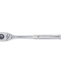 Three Eighths Inch Drive Ratchet With Seventy Two Tooth Quick Release Teardrop Low Profile Head Eight And A Half Inch Length