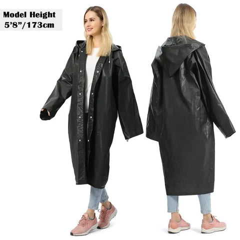 Black EVA Waterproof Rain Poncho Coat with Hood and Long Sleeves for Adults Unisex Outdoor Rain Gear