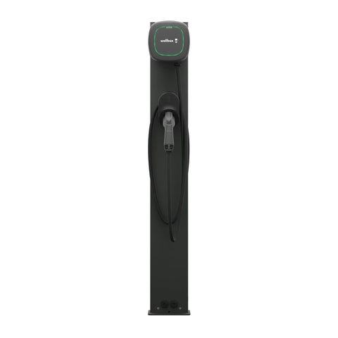 Built Like A Tank Rock Solid Weatherproof EV Charger Pedestal Stand Mount For Dual Electric Car Stations, sleek design with charging cable.