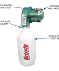 1 HP Wall Hanging Dust Collector For Woodworking Shops With A 4 Inch Inlet And A 13 And A Half Inch Dust Bag Prewired 110V.