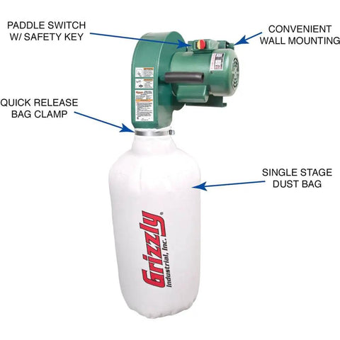 1 HP Wall Hanging Dust Collector For Woodworking Shops With A 4 Inch Inlet And A 13 And A Half Inch Dust Bag Prewired 110V.