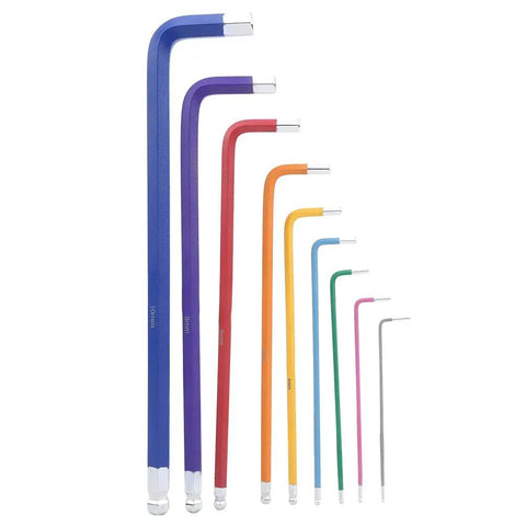 Super Long Flat End Hex Wrench Set for Deep Reach Automotive, EV Battery, And Appliance Repair Made From Durable CRV Steel With Color Coded Coating To Grapple Tough Jobs, metric set