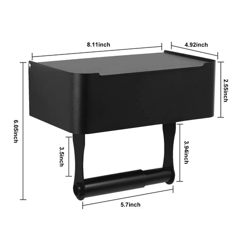 Toilet Paper Holder With Shelf In Matte Black SUS304 Stainless Steel Wall Mounted Or Adhesive Tissue Storage Large Bathroom Organizer