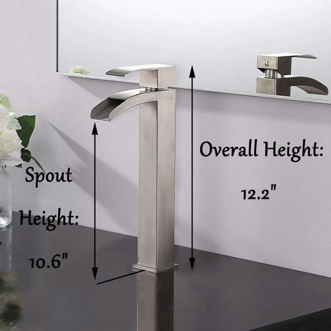 Modern Vessel Sink Faucet In Brushed Nickel Tall Waterfall Style Bathroom Mixer Single Handle With Pop Up Drain 12.2 inch height