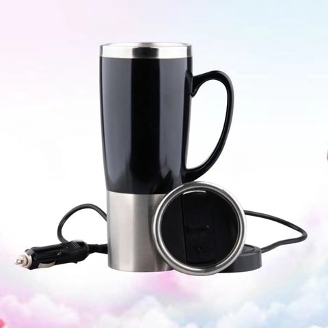 Ride Ready Electric Car Kettle Heats Fresh Water Quick For Coffee And Tea On The Go Built Tight Insulated Stainless Steel Travel Cup with power cord.