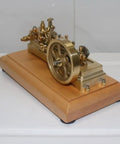 Mini Retro Horizontal Steam Engine Model Kit With Dope Brass Construction on wooden base, side view