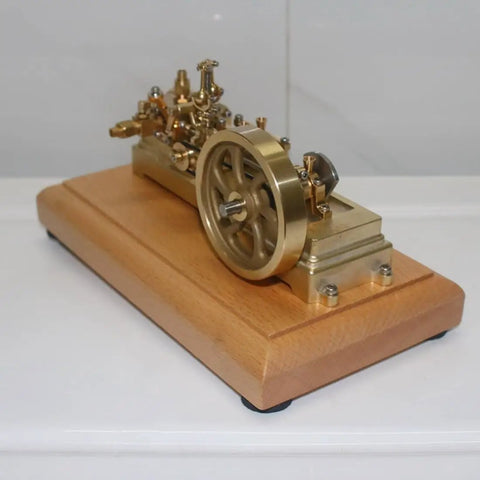 Mini Retro Horizontal Steam Engine Model Kit With Dope Brass Construction on wooden base, side view