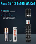 Keychain Flashlight EDC15 components and compatible AA batteries, highlighting power options with 14500 and AA cells