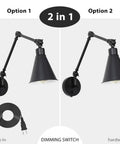 Set of 2 Swing Arm Plug in Wall Lamps with Dimmable Switch Industrial Black Metal Reading Sconces with plug-in and hardwired options
