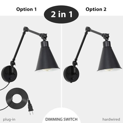 Set of 2 Swing Arm Plug in Wall Lamps with Dimmable Switch Industrial Black Metal Reading Sconces with plug-in and hardwired options