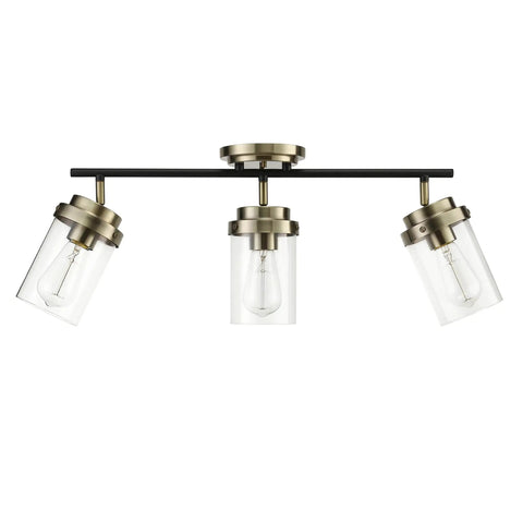 Vintage Vibe Three-Light Track Lighting Bar With Pivoting Heads In Matte Black And Antique Brass Finish, Clear Glass Shades