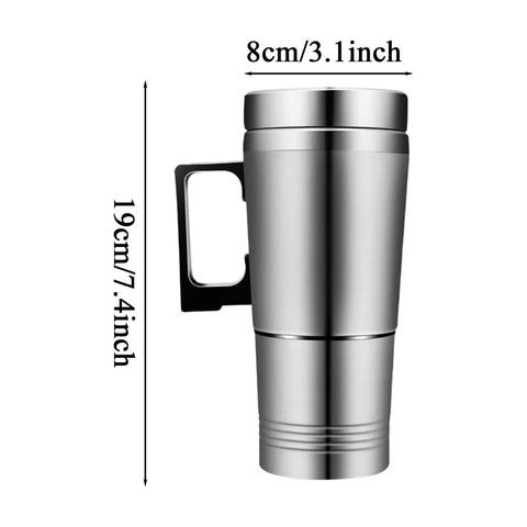 12V And 24V Car Kettle Heats Fast Stainless Steel Travel Mug, 19cm tall, 8cm wide, portable design for hot beverages.