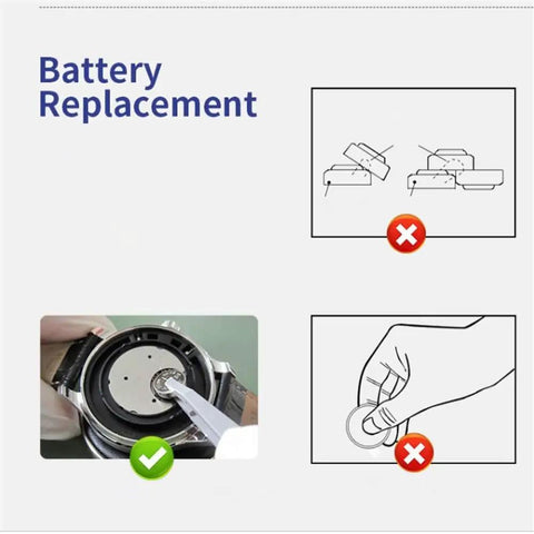 Zero Hassle 10 Pack SR521SW AG0 LR521 379 Button Coin Cell Watch Battery 1.5 Volt Silver Oxide Power For Everyday Timepieces Mercury Free showing correct battery replacement method.