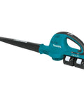Badass 36V Cordless Leaf Blower Kit Cracks Yard Mess With Two 18V Batteries Pushing 155 CFM And 208 MPH Air Blast For Outdoor Cleanup Zero Hassle Brushless System Powers Long Sessions And Smooth Debris Clearing - close-up view of ergonomic leaf blower with two batteries.