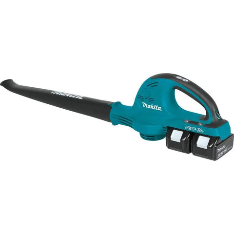 Badass 36V Cordless Leaf Blower Kit Cracks Yard Mess With Two 18V Batteries Pushing 155 CFM And 208 MPH Air Blast For Outdoor Cleanup Zero Hassle Brushless System Powers Long Sessions And Smooth Debris Clearing - close-up view of ergonomic leaf blower with two batteries.