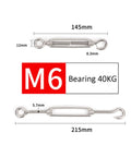 Heavy Duty 304 Stainless Steel Hook Eye Turnbuckle Wire Rope Tensioner Tough Rigging Cable Adjuster Fits One Eighth Inch Line, M6 size.