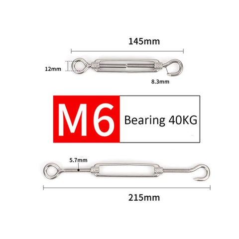 Heavy Duty 304 Stainless Steel Hook Eye Turnbuckle Wire Rope Tensioner Tough Rigging Cable Adjuster Fits One Eighth Inch Line, M6 size.