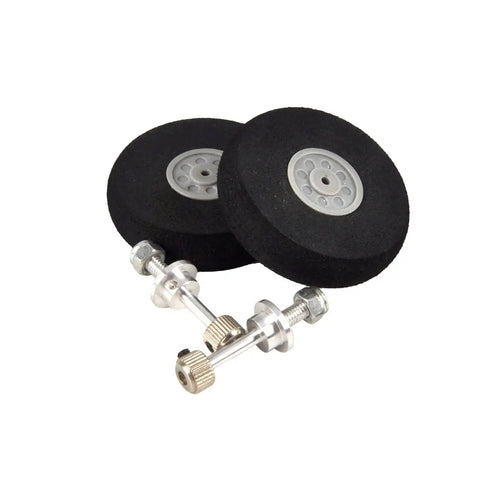 Beefy Carbon Fiber Landing Gear Set For YAK30E RC Plane With 1.77 Inch Foam Wheels, silver axles, lock nuts, and wheel collars.