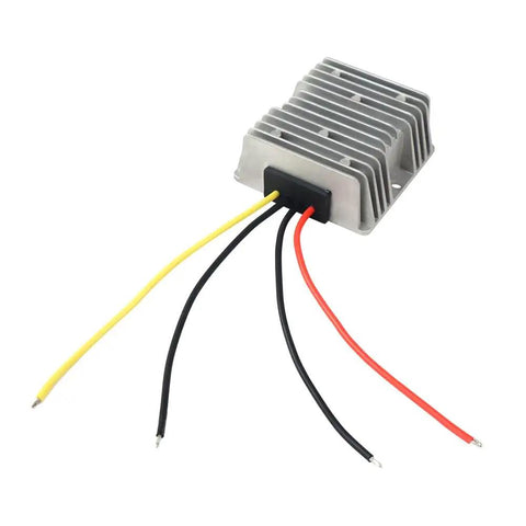 Heavy Duty DC Buck Converter Steps 72 Down To 24 Volt With Straight Swap Install showing aluminum shell and wires.