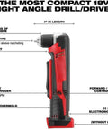 Side view of Top Shelf Cordless Right Angle Drill Compatible With M18 Battery Packs highlighting features like LED light and rubber overmold.