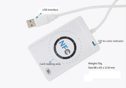 ACR122U NFC Card Reader Writer USB with SDK for ISO 14443 Mifare and FeliCa Cards CCID Compliant showing USB interface.