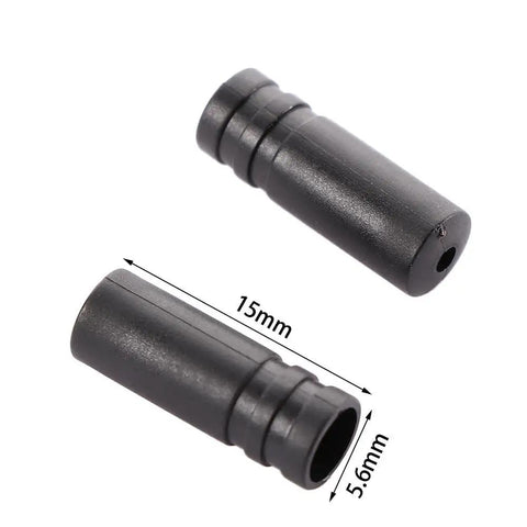 Close-up of black plastic end caps from 50 Piece Bike Brake Cable Ferrule End Caps Set, 15mm length, for brake and shift cables