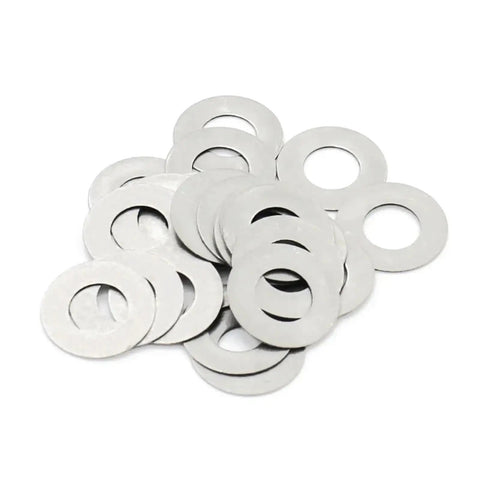 Ultra Thin Stainless Steel Flat Washer Set Kit For Auto And Diy, Pro Grade Precision Gasket Shims M3 To M30, 10-100 Pcs, 0.1, 0.2, 0.3, 0.5mm Thick, Includes M8x12 Pack 50, Super Easy To Keep Bolts Tight. Stainless steel flat washers stacked