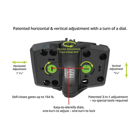Heavy Duty Self Closing Gate Hinges Pair Black Steel Multi Adjust Tension And Alignment, showing dials for horizontal and vertical adjustments.
